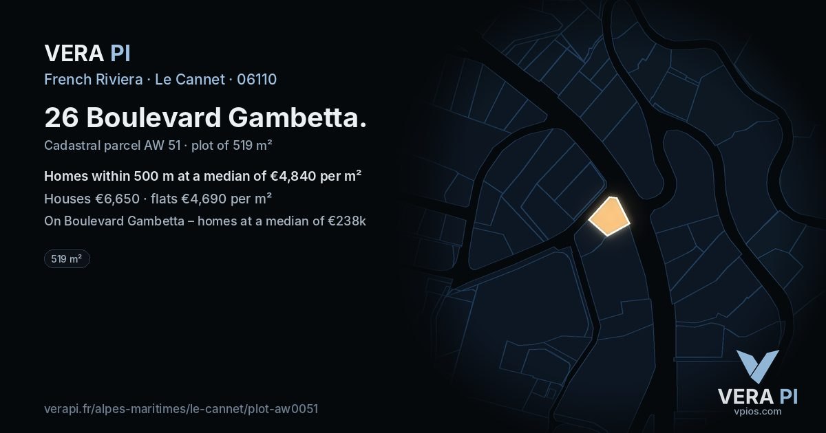 26 Boulevard Gambetta, Le Cannet at night – the plot lit, the parcels around coloured by the prices near them