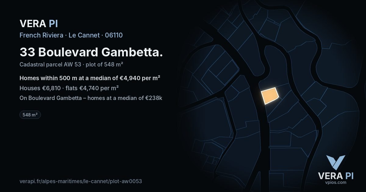 33 Boulevard Gambetta, Le Cannet at night – the plot lit, the parcels around coloured by the prices near them