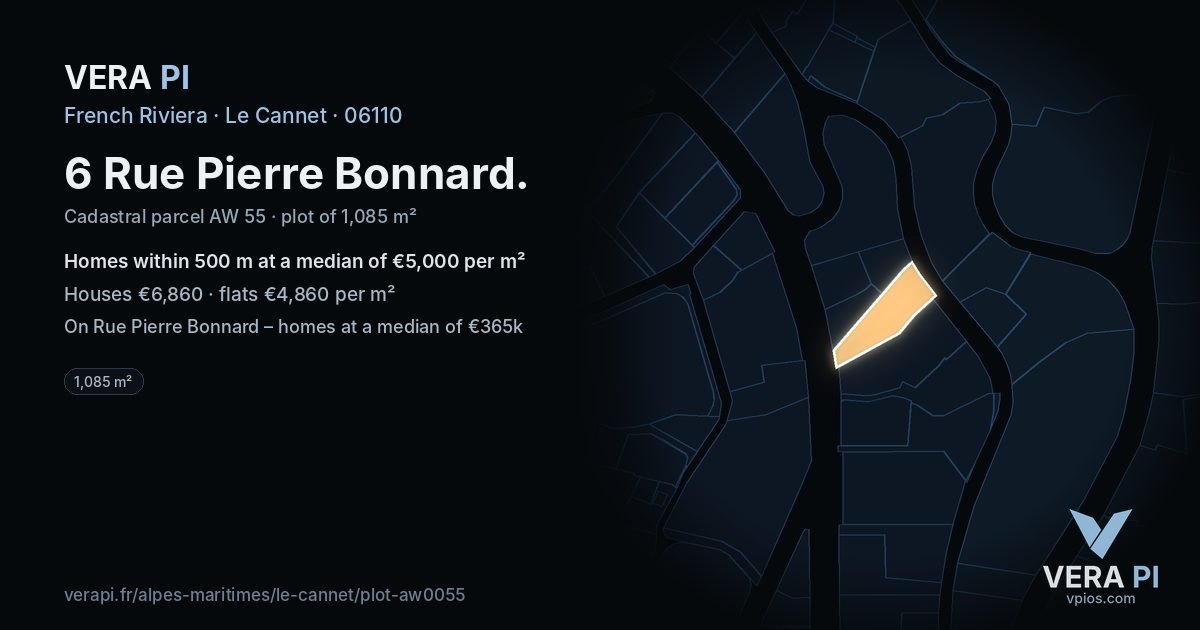6 Rue Pierre Bonnard, Le Cannet at night – the plot lit, the parcels around coloured by the prices near them