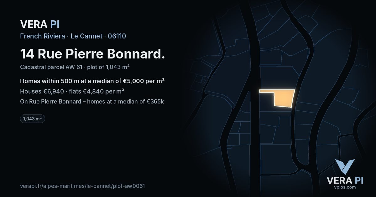 14 Rue Pierre Bonnard, Le Cannet at night – the plot lit, the parcels around coloured by the prices near them