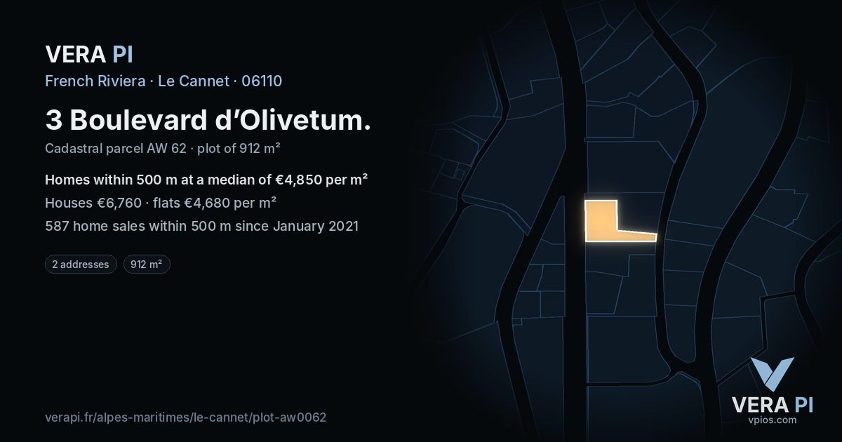 3 Boulevard d’Olivetum, Le Cannet at night – the plot lit, the parcels around coloured by the prices near them