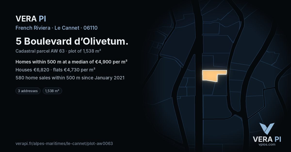 5 Boulevard d’Olivetum, Le Cannet at night – the plot lit, the parcels around coloured by the prices near them