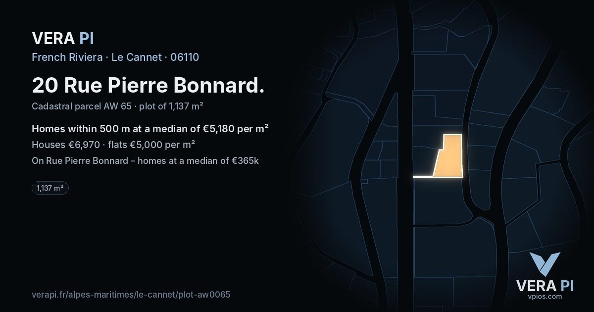 20 Rue Pierre Bonnard, Le Cannet at night – the plot lit, the parcels around coloured by the prices near them