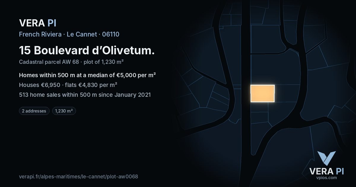 15 Boulevard d’Olivetum, Le Cannet at night – the plot lit, the parcels around coloured by the prices near them