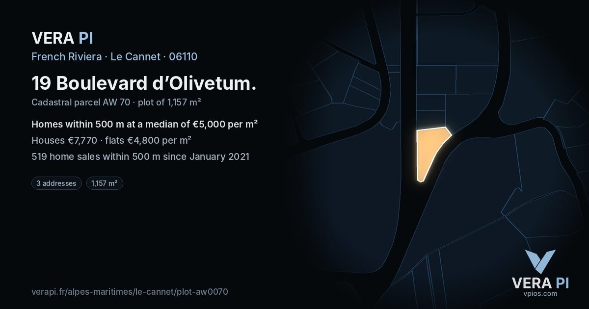 19 Boulevard d’Olivetum, Le Cannet at night – the plot lit, the parcels around coloured by the prices near them