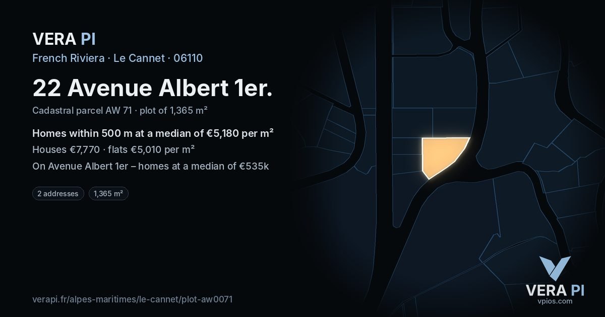22 Avenue Albert 1er, Le Cannet at night – the plot lit, the parcels around coloured by the prices near them
