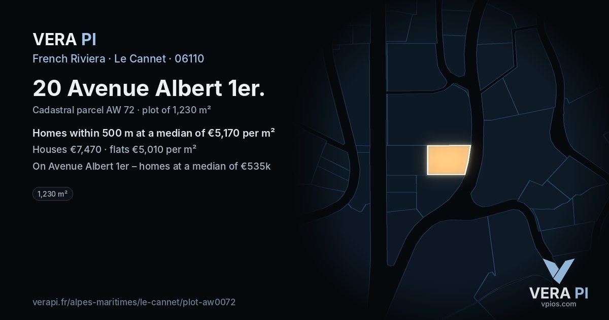20 Avenue Albert 1er, Le Cannet at night – the plot lit, the parcels around coloured by the prices near them