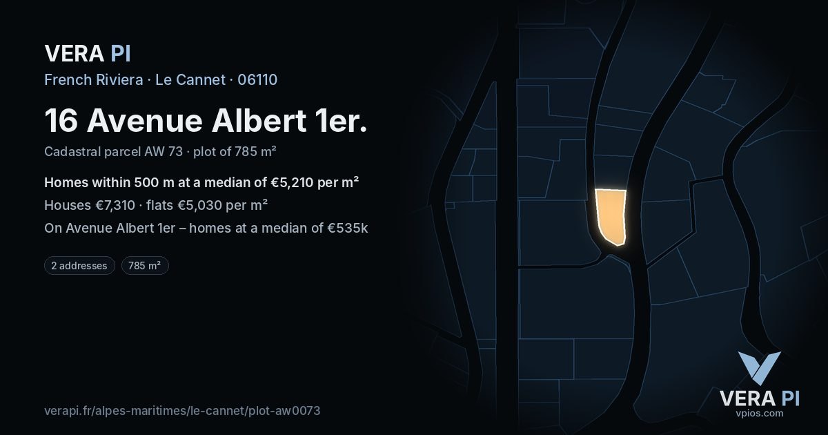16 Avenue Albert 1er, Le Cannet at night – the plot lit, the parcels around coloured by the prices near them