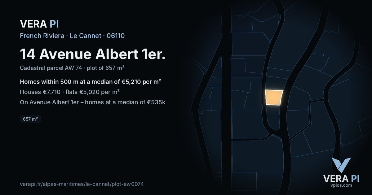 14 Avenue Albert 1er, Le Cannet at night – the plot lit, the parcels around coloured by the prices near them