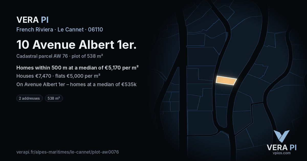 10 Avenue Albert 1er, Le Cannet at night – the plot lit, the parcels around coloured by the prices near them