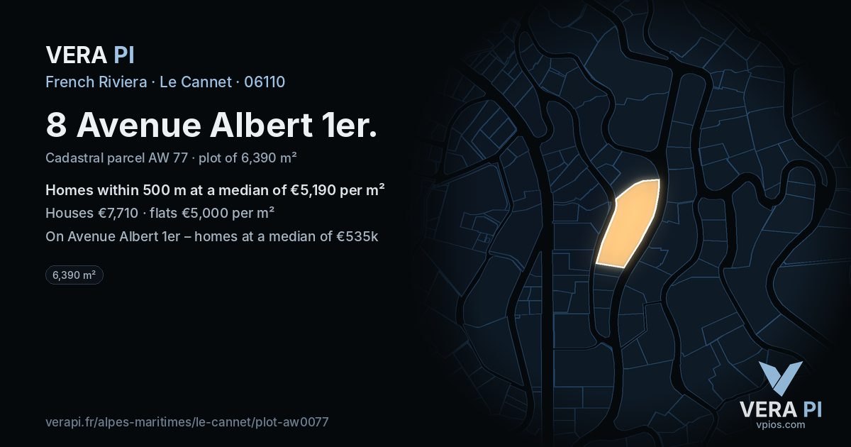 8 Avenue Albert 1er, Le Cannet at night – the plot lit, the parcels around coloured by the prices near them