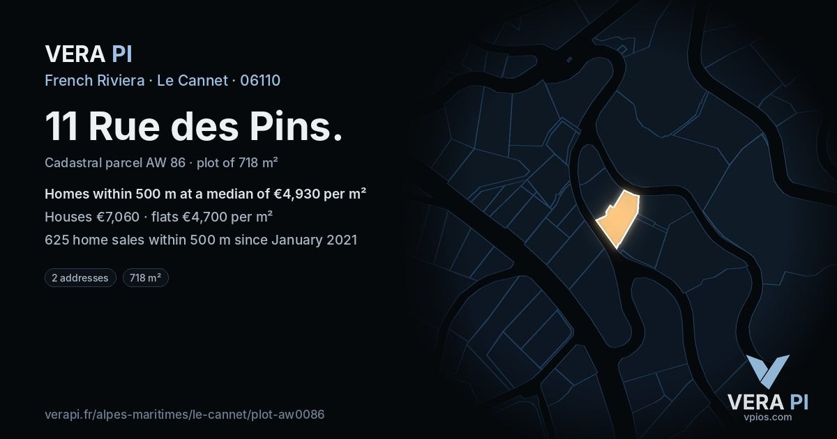 11 Rue des Pins, Le Cannet at night – the plot lit, the parcels around coloured by the prices near them