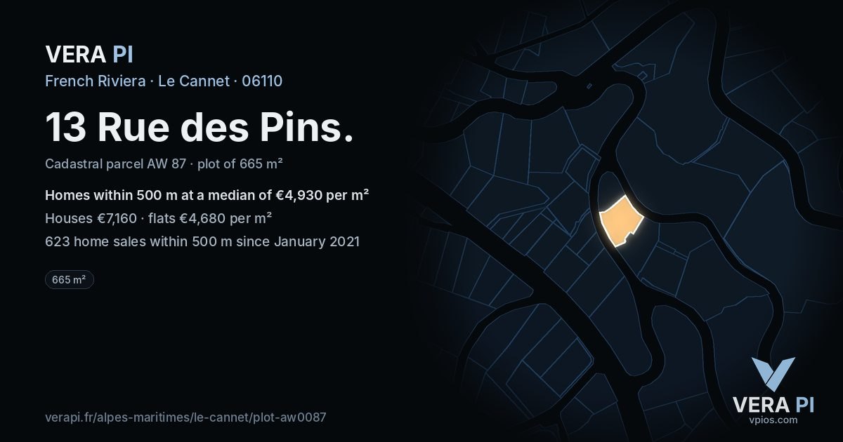 13 Rue des Pins, Le Cannet at night – the plot lit, the parcels around coloured by the prices near them