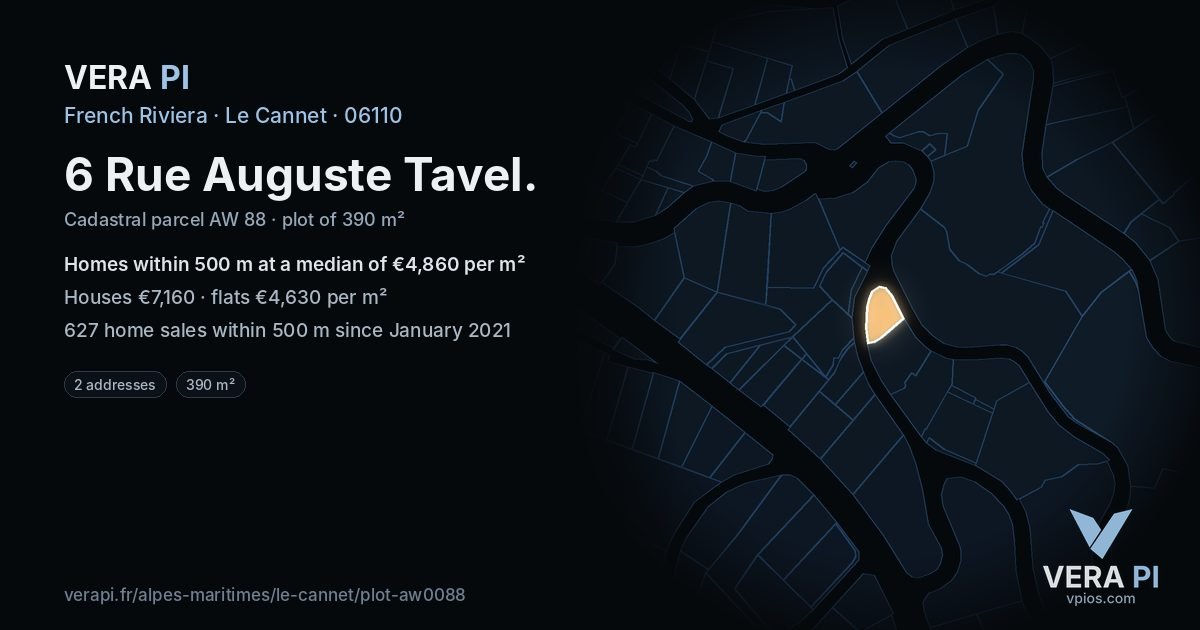 6 Rue Auguste Tavel, Le Cannet at night – the plot lit, the parcels around coloured by the prices near them