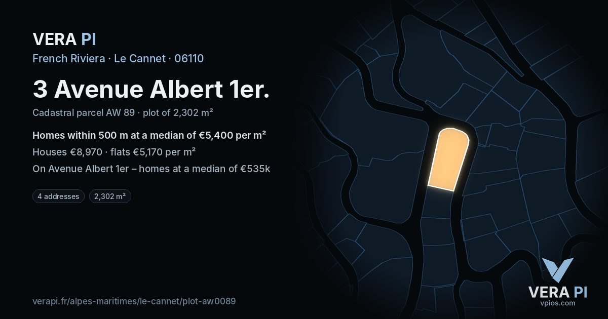 3 Avenue Albert 1er, Le Cannet at night – the plot lit, the parcels around coloured by the prices near them