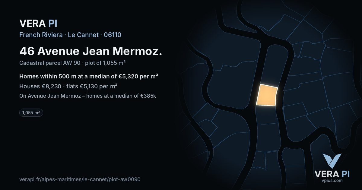 46 Avenue Jean Mermoz, Le Cannet at night – the plot lit, the parcels around coloured by the prices near them