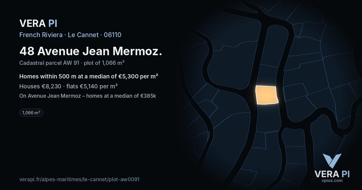 48 Avenue Jean Mermoz, Le Cannet at night – the plot lit, the parcels around coloured by the prices near them