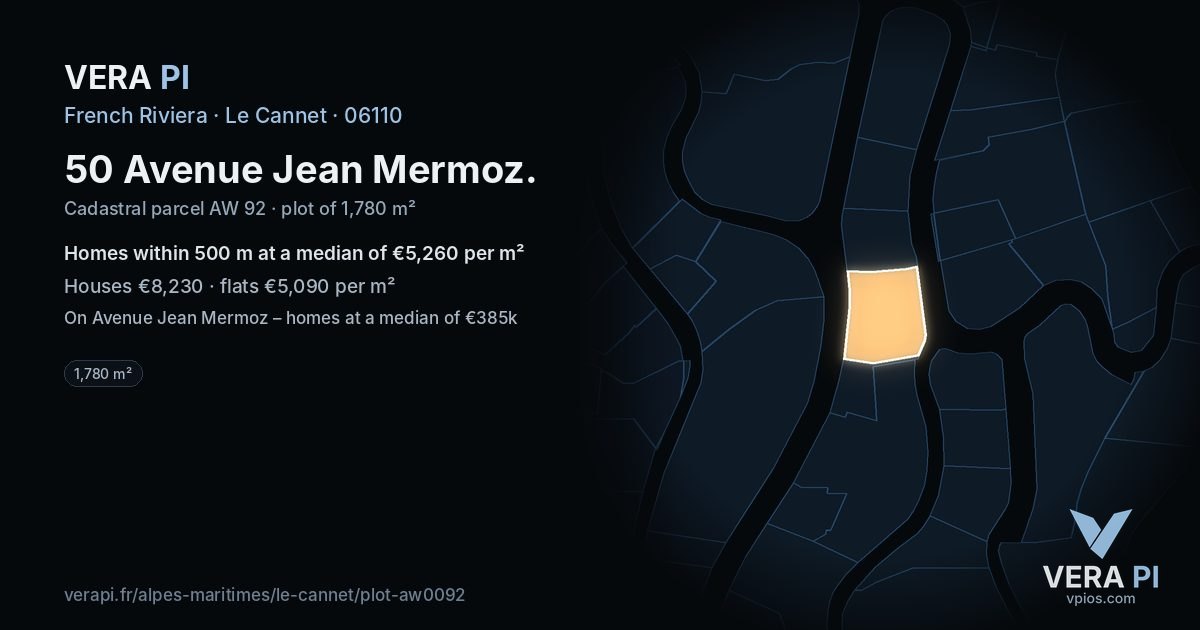 50 Avenue Jean Mermoz, Le Cannet at night – the plot lit, the parcels around coloured by the prices near them