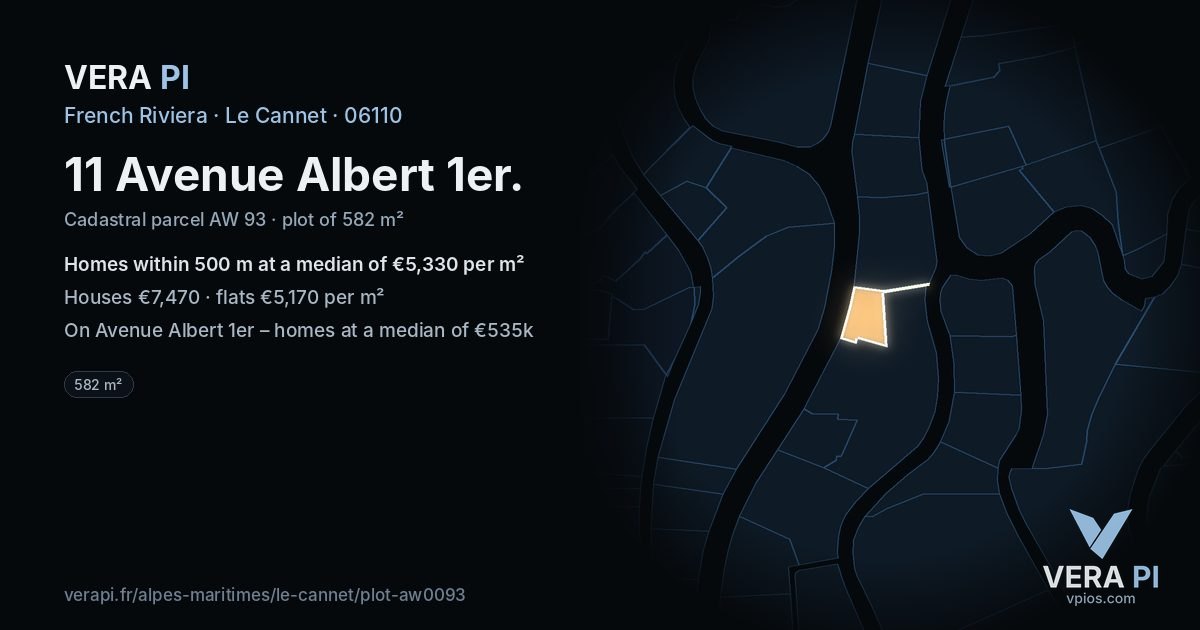 11 Avenue Albert 1er, Le Cannet at night – the plot lit, the parcels around coloured by the prices near them