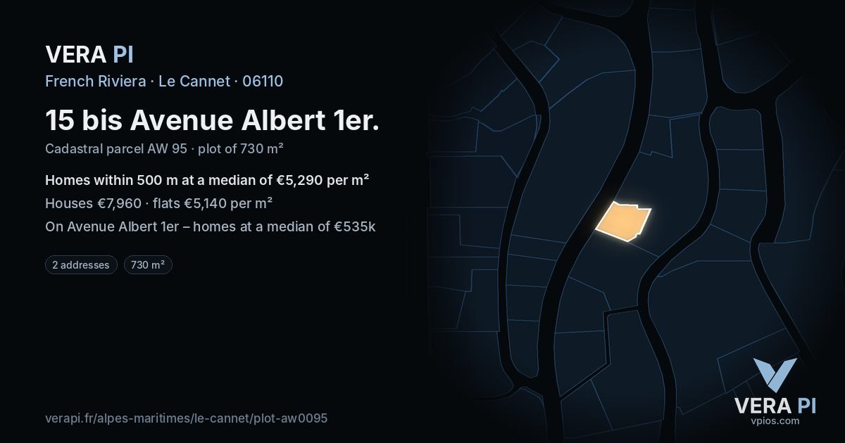 15 bis Avenue Albert 1er, Le Cannet at night – the plot lit, the parcels around coloured by the prices near them