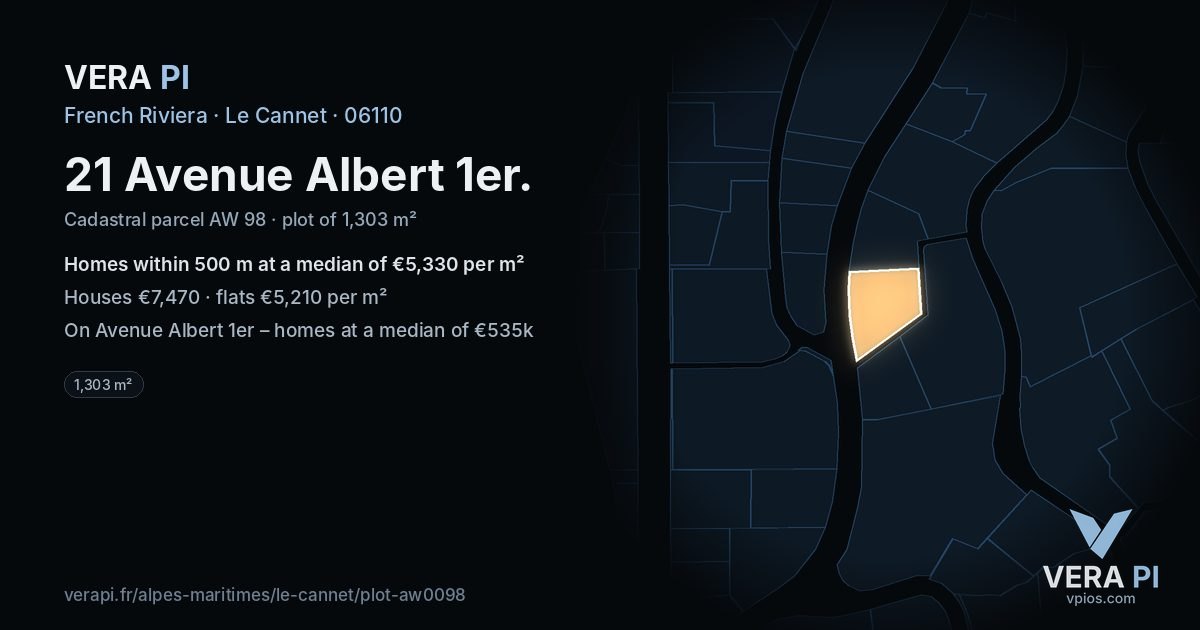 21 Avenue Albert 1er, Le Cannet at night – the plot lit, the parcels around coloured by the prices near them