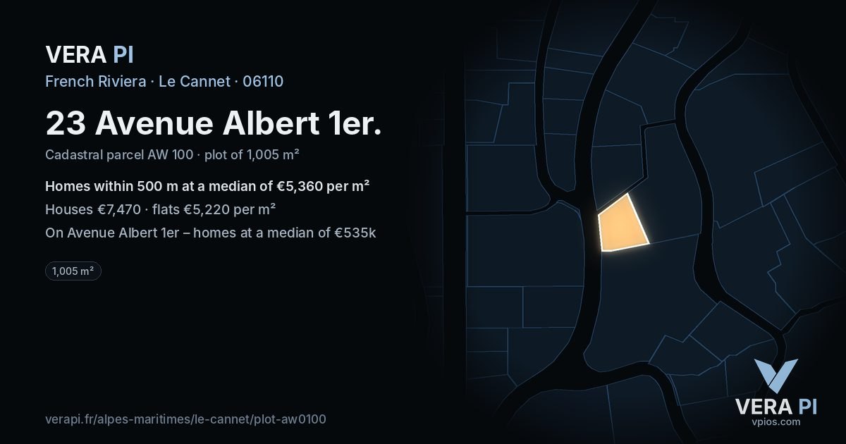 23 Avenue Albert 1er, Le Cannet at night – the plot lit, the parcels around coloured by the prices near them