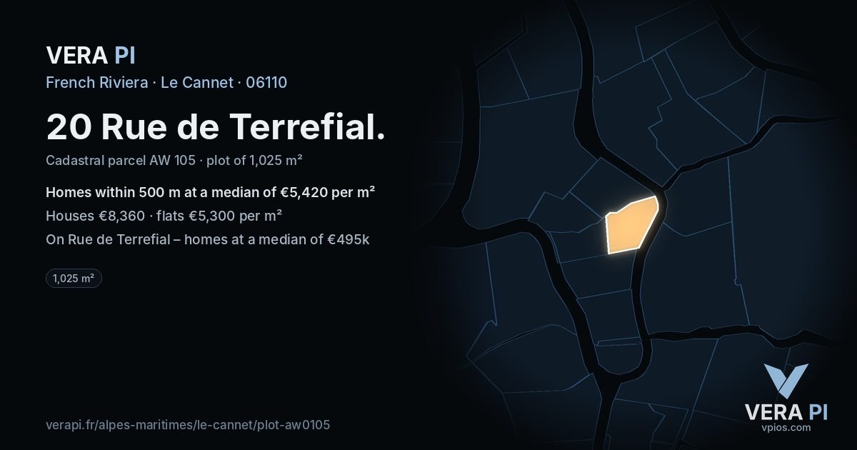 20 Rue de Terrefial, Le Cannet at night – the plot lit, the parcels around coloured by the prices near them