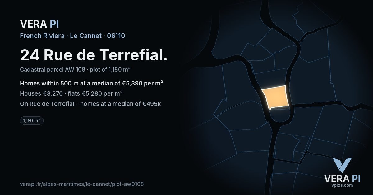 24 Rue de Terrefial, Le Cannet at night – the plot lit, the parcels around coloured by the prices near them