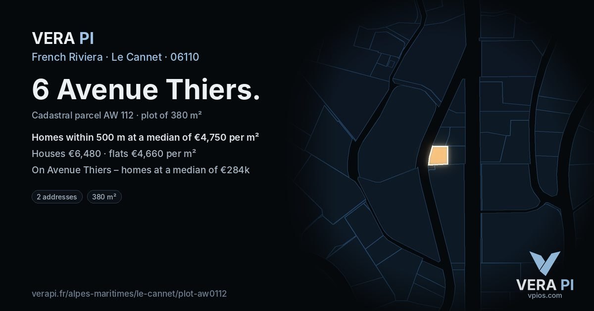 6 Avenue Thiers, Le Cannet at night – the plot lit, the parcels around coloured by the prices near them