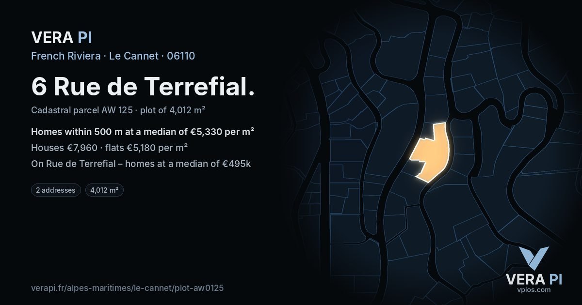 6 Rue de Terrefial, Le Cannet at night – the plot lit, the parcels around coloured by the prices near them