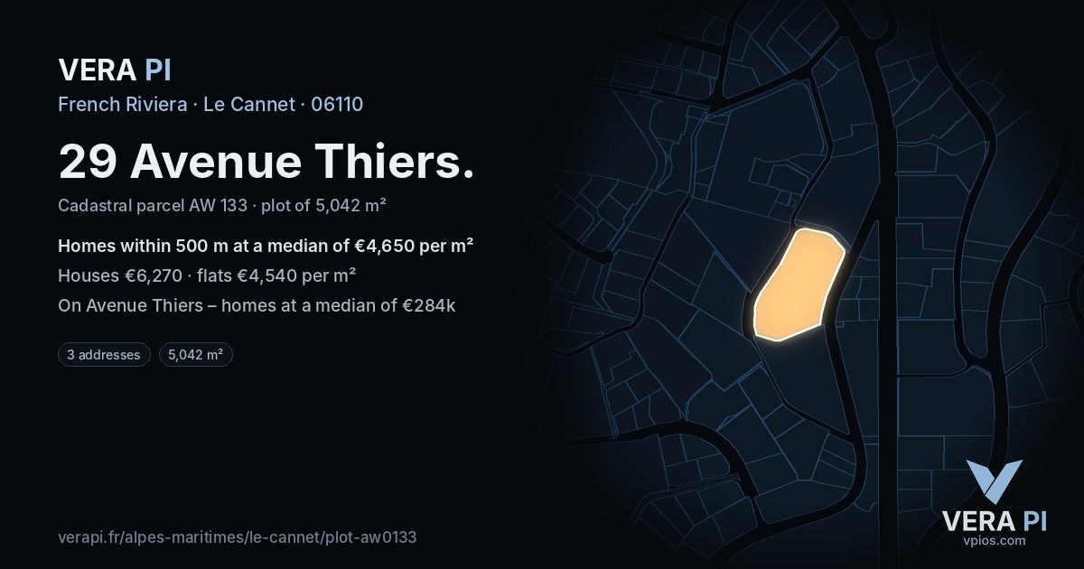 29 Avenue Thiers, Le Cannet at night – the plot lit, the parcels around coloured by the prices near them