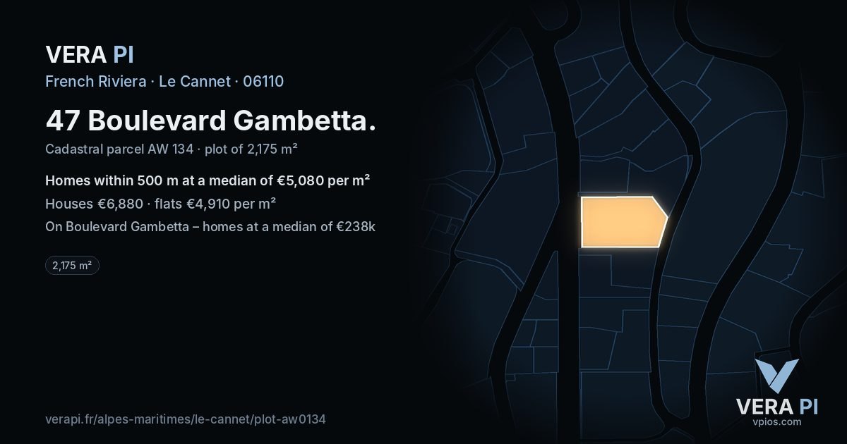 47 Boulevard Gambetta, Le Cannet at night – the plot lit, the parcels around coloured by the prices near them