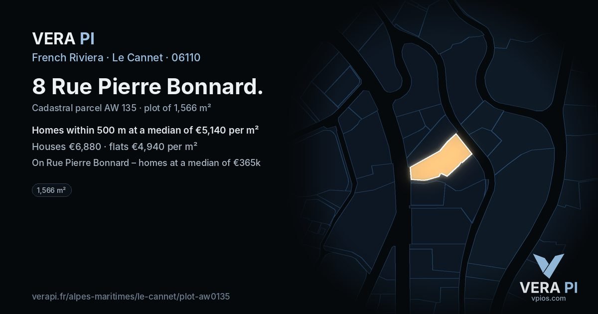 8 Rue Pierre Bonnard, Le Cannet at night – the plot lit, the parcels around coloured by the prices near them