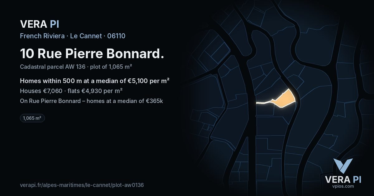 10 Rue Pierre Bonnard, Le Cannet at night – the plot lit, the parcels around coloured by the prices near them