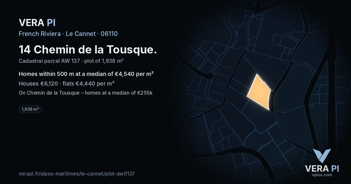 14 Chemin de la Tousque, Le Cannet at night – the plot lit, the parcels around coloured by the prices near them