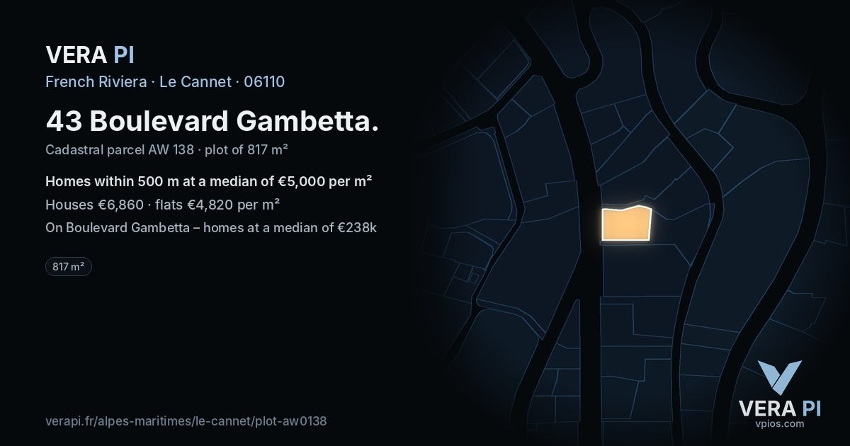 43 Boulevard Gambetta, Le Cannet at night – the plot lit, the parcels around coloured by the prices near them