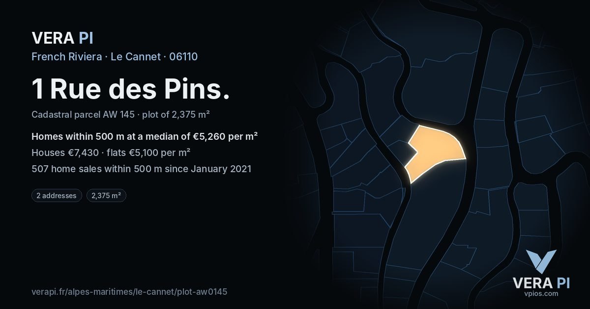 1 Rue des Pins, Le Cannet at night – the plot lit, the parcels around coloured by the prices near them