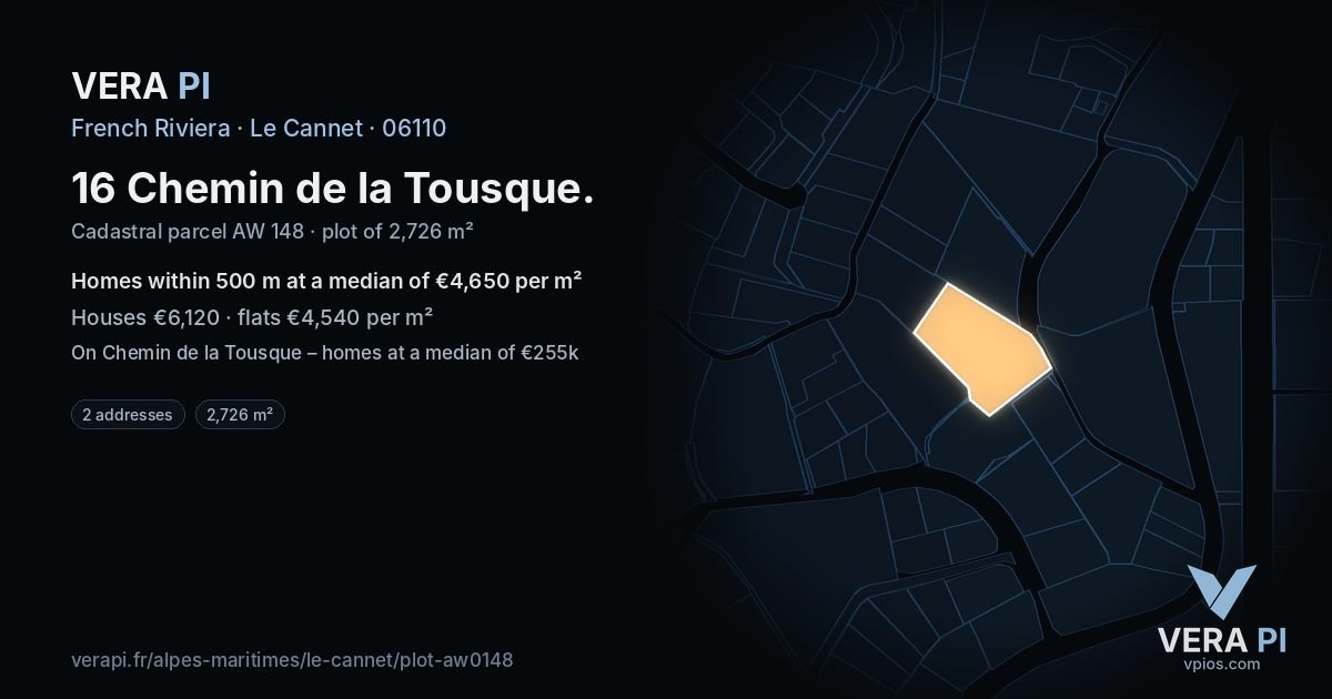 16 Chemin de la Tousque, Le Cannet at night – the plot lit, the parcels around coloured by the prices near them