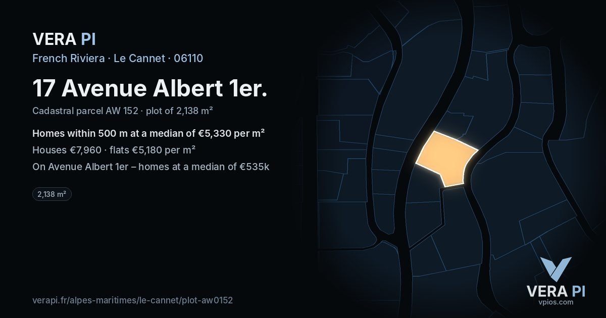 17 Avenue Albert 1er, Le Cannet at night – the plot lit, the parcels around coloured by the prices near them