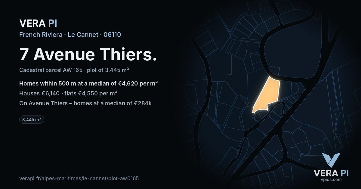 7 Avenue Thiers, Le Cannet at night – the plot lit, the parcels around coloured by the prices near them