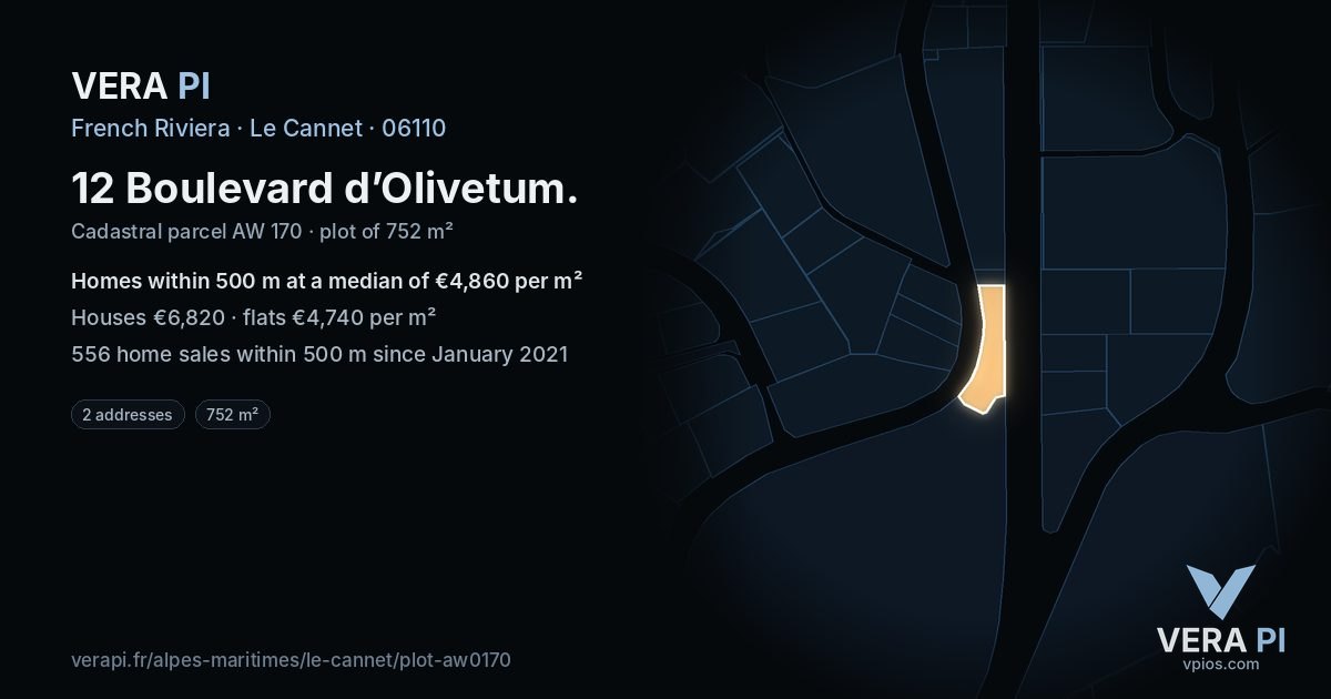 12 Boulevard d’Olivetum, Le Cannet at night – the plot lit, the parcels around coloured by the prices near them