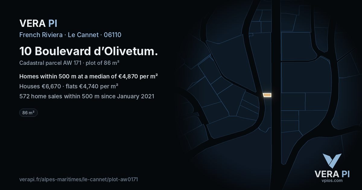 10 Boulevard d’Olivetum, Le Cannet at night – the plot lit, the parcels around coloured by the prices near them