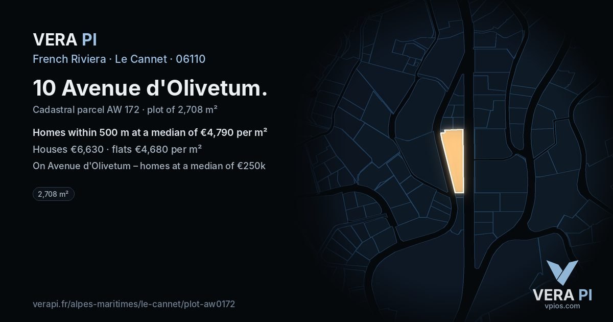 10 Avenue d'Olivetum, Le Cannet at night – the plot lit, the parcels around coloured by the prices near them