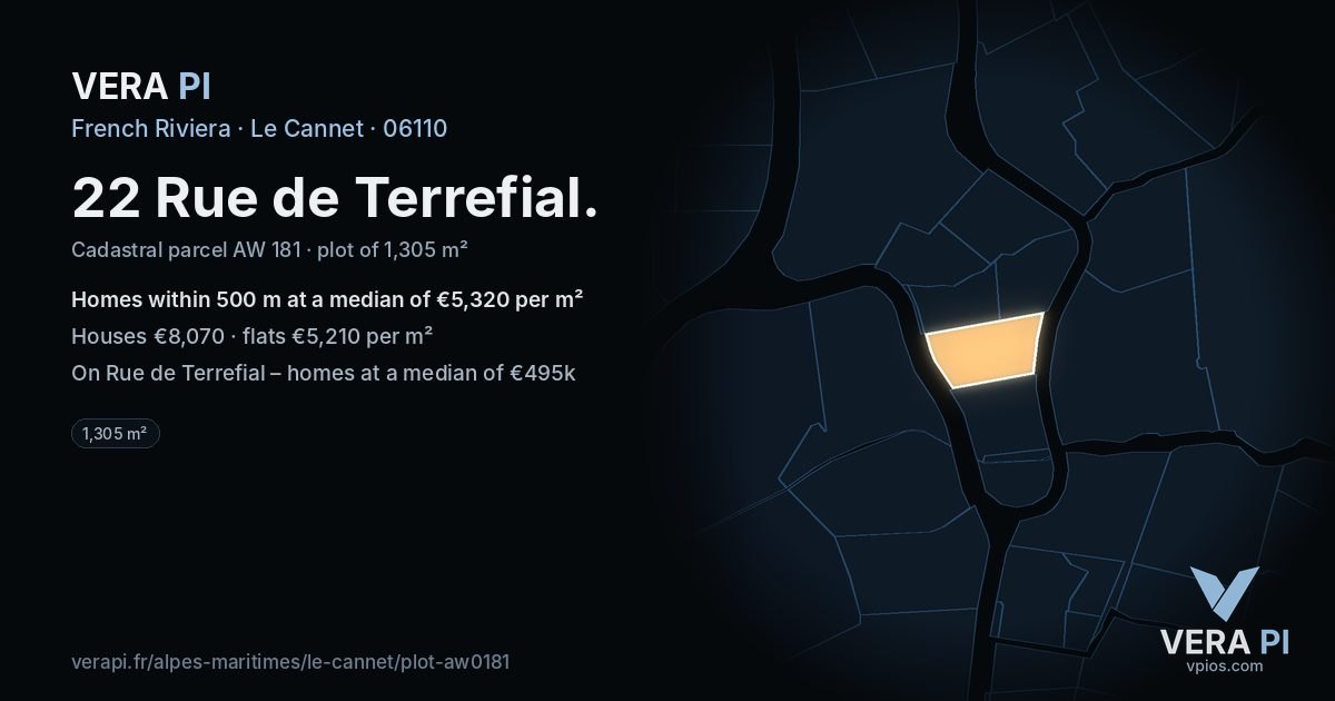 22 Rue de Terrefial, Le Cannet at night – the plot lit, the parcels around coloured by the prices near them