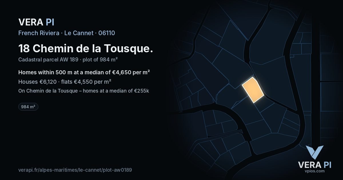 18 Chemin de la Tousque, Le Cannet at night – the plot lit, the parcels around coloured by the prices near them