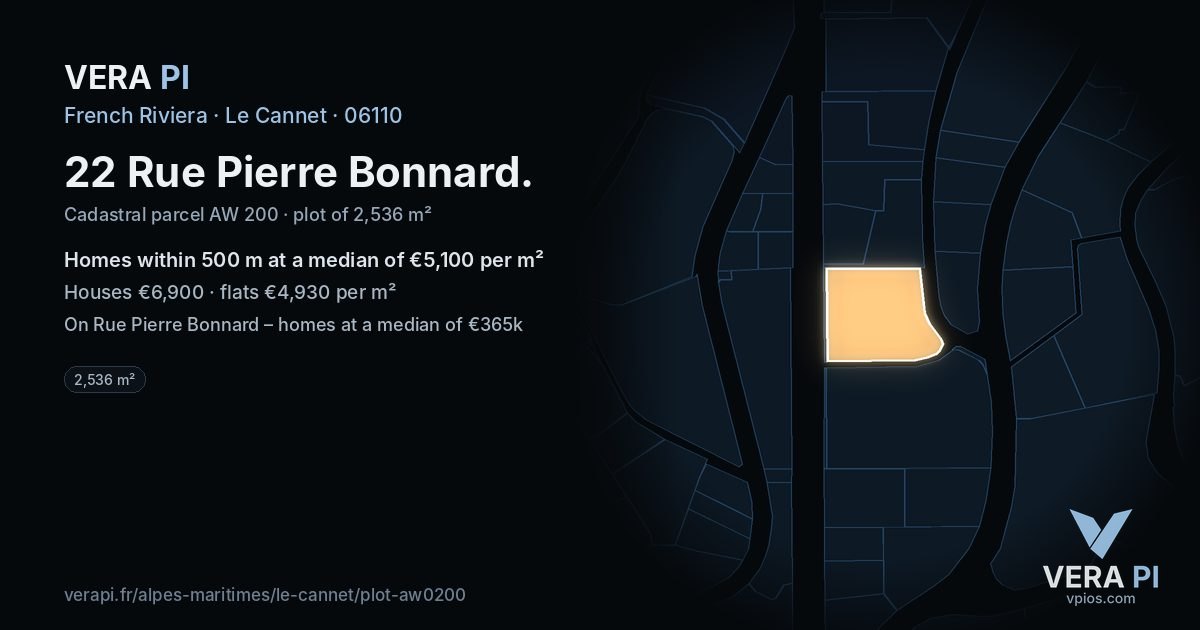22 Rue Pierre Bonnard, Le Cannet at night – the plot lit, the parcels around coloured by the prices near them