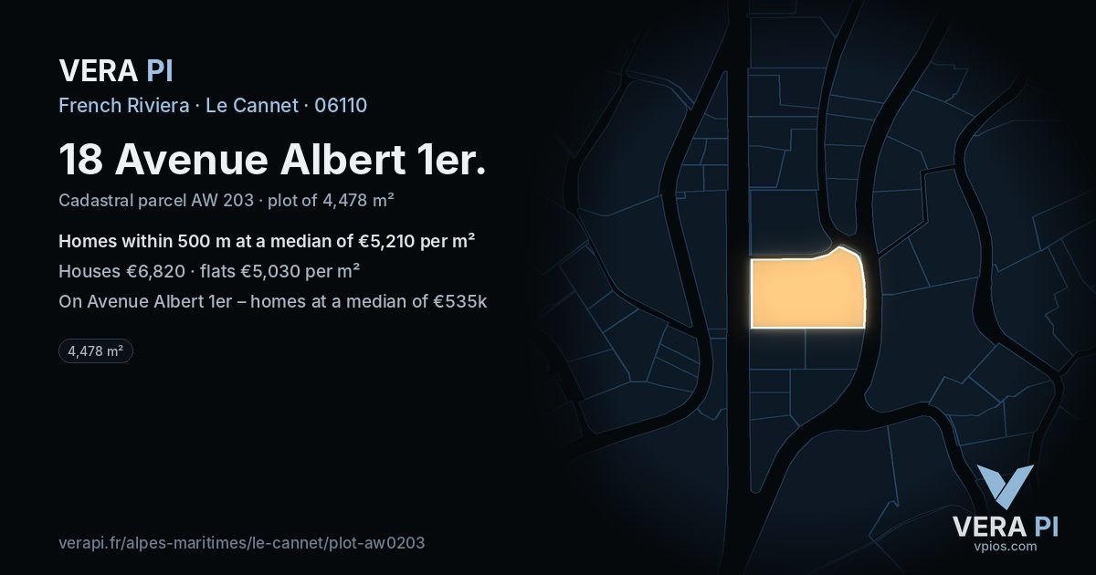 18 Avenue Albert 1er, Le Cannet at night – the plot lit, the parcels around coloured by the prices near them
