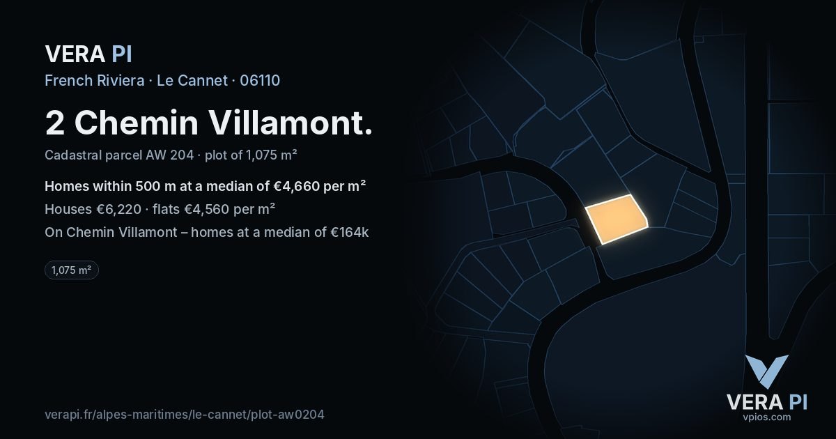 2 Chemin Villamont, Le Cannet at night – the plot lit, the parcels around coloured by the prices near them