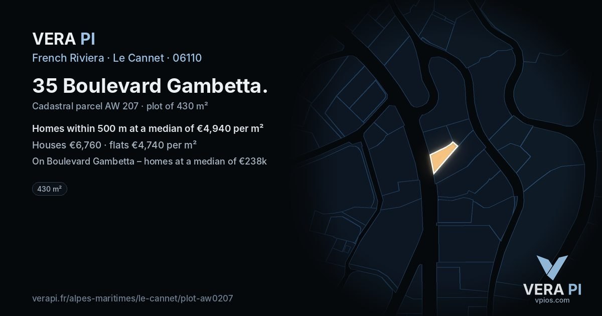 35 Boulevard Gambetta, Le Cannet at night – the plot lit, the parcels around coloured by the prices near them