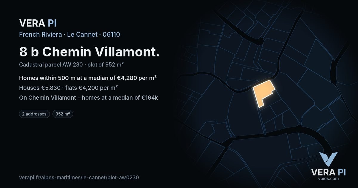 8 b Chemin Villamont, Le Cannet at night – the plot lit, the parcels around coloured by the prices near them